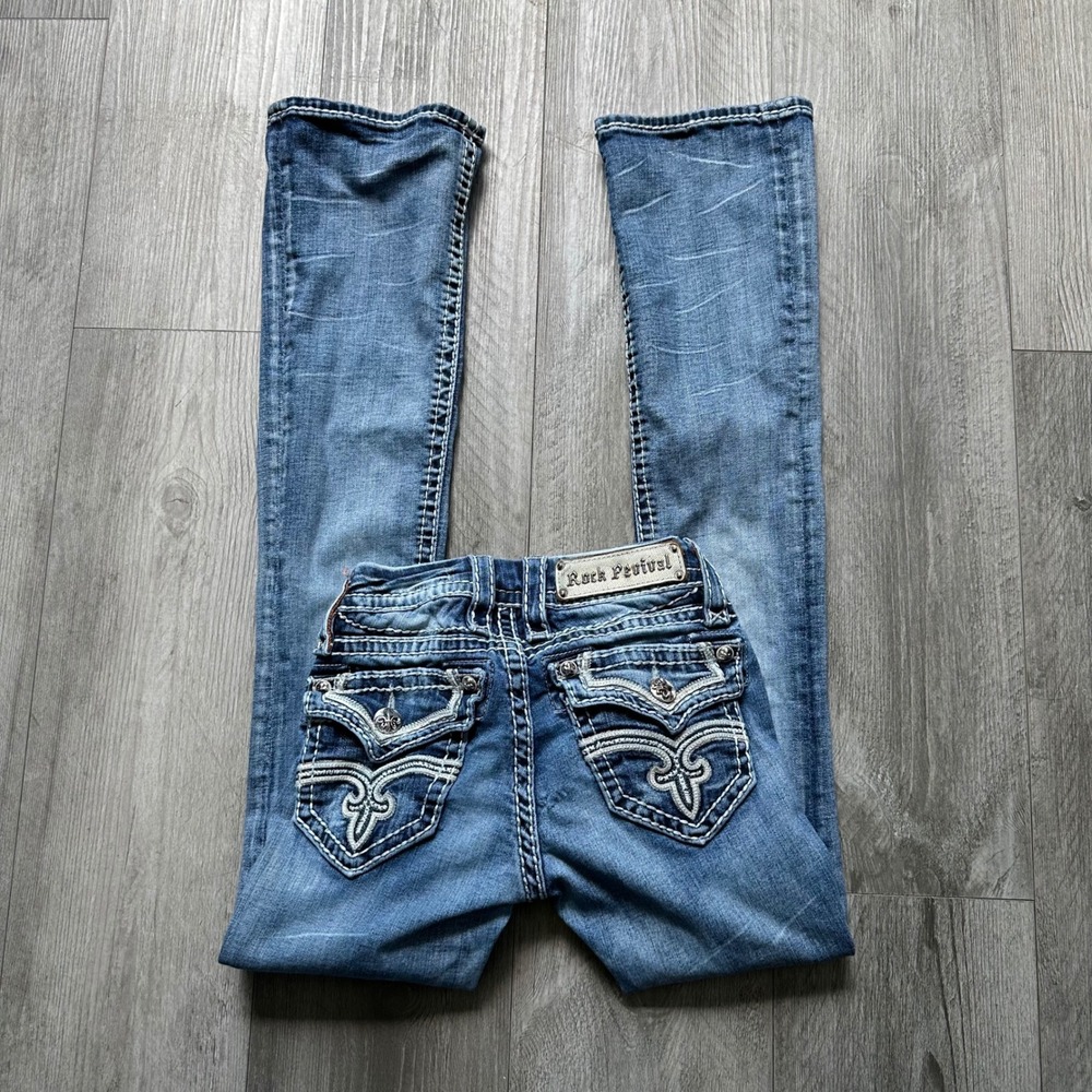 Y2K Rock Revival Blue Embroidered lowrise Bootcut Jeans Women's 23 Rock Revival